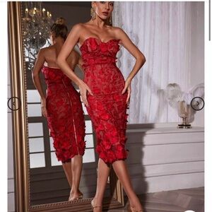 Strapless Red Lace Midi Dress